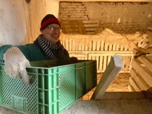 Ein Solawi-Mitglied trägt eine Gemüsekiste in den Lagerraum, in dem sich Gitterboxen zum Einlagern befinden
